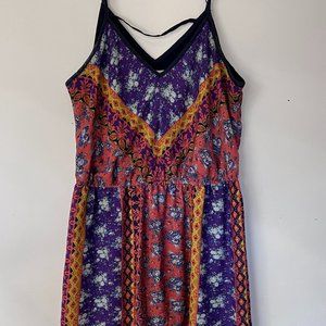 Love Fire Patchwork Dress Multi Pattern Elastic Waist Adjustable Straps Size L